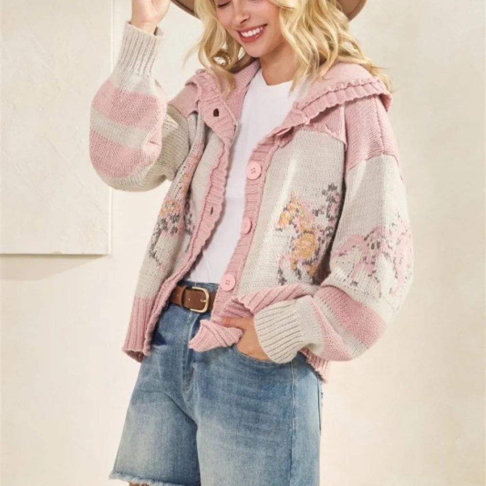 Cozy Horse Western Graphic Wide Collar Button Down Cardigan - Picture 6 of 8